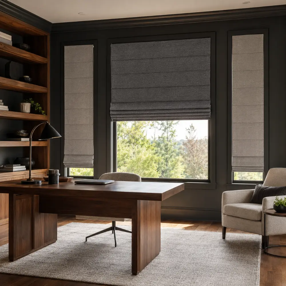Dark Roman shades creating a calm room-darkening home office