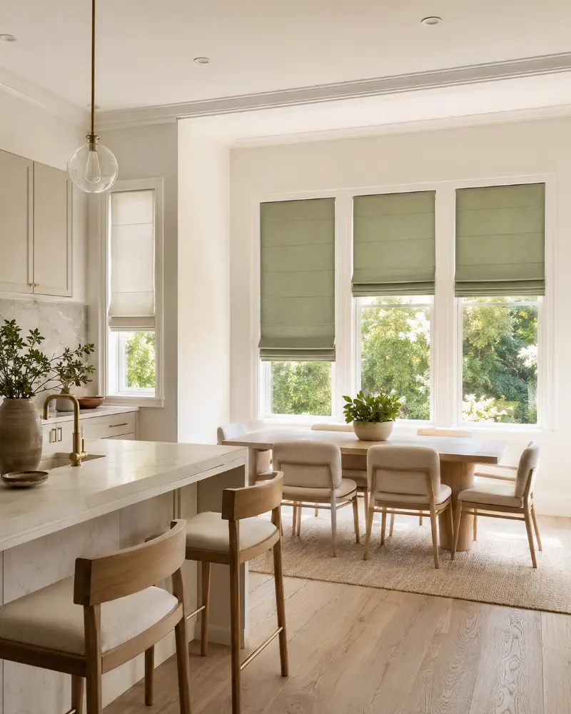 Soft green Roman shades filtering daylight in a bright kitchen and dining room