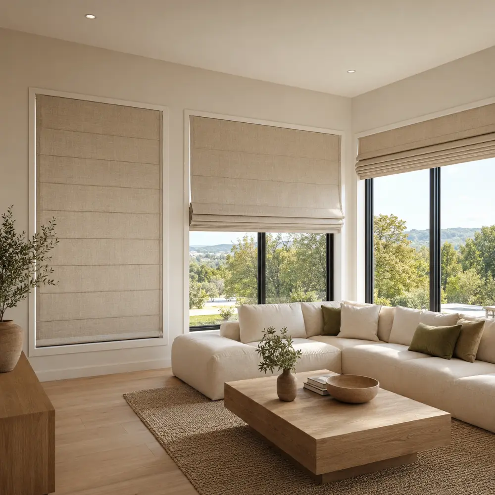 Custom Roman shades softly filtering daylight in a warm neutral living room