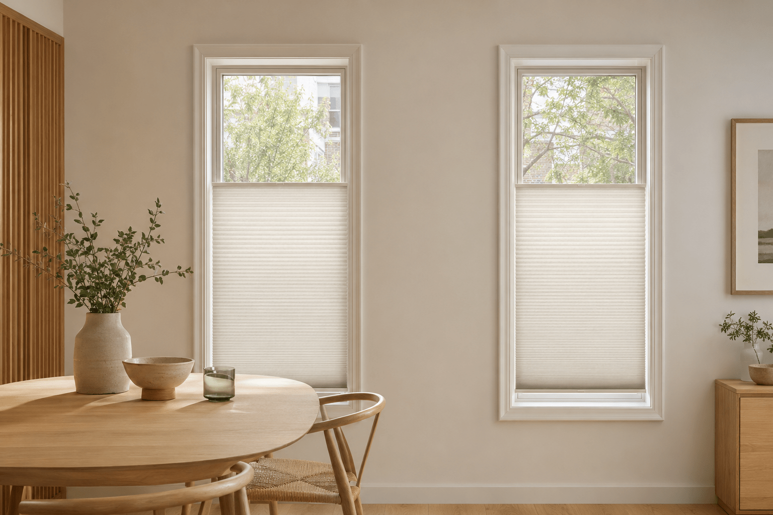 Top-down honeycomb shades balancing privacy and daylight in a warm dining room