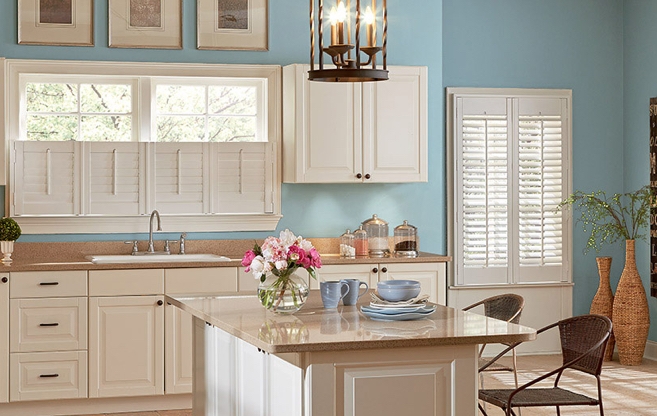 Cafe-height shutters covering the lower part of a kitchen window