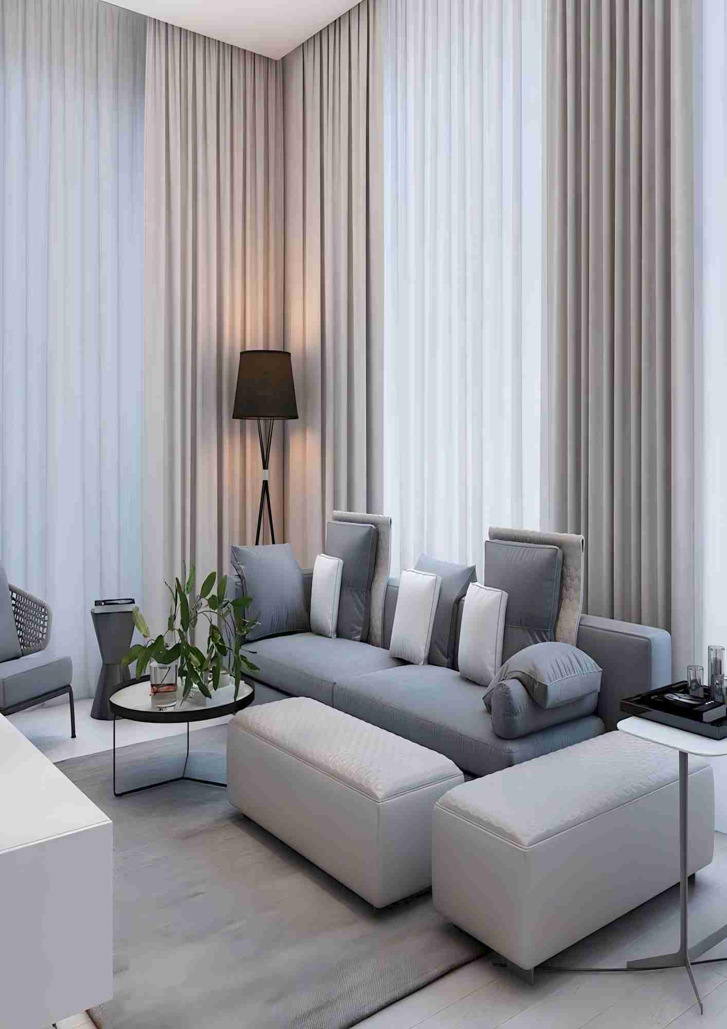 Floor-to-ceiling custom sheer curtains and drapery in a modern living room