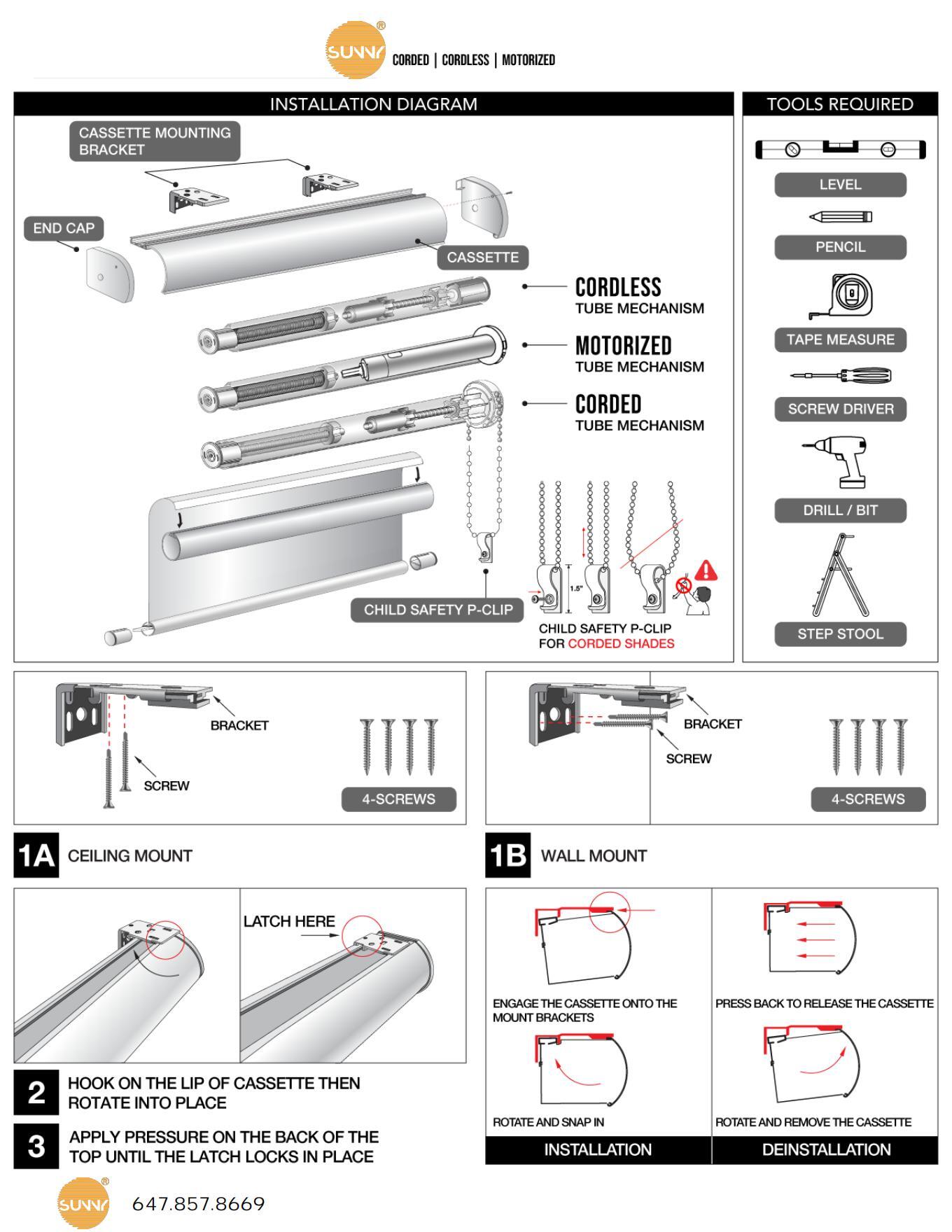Sunny Shutter cassette blind installation diagram showing brackets, tools, ceiling mount, wall mount, cassette locking and chain safety device