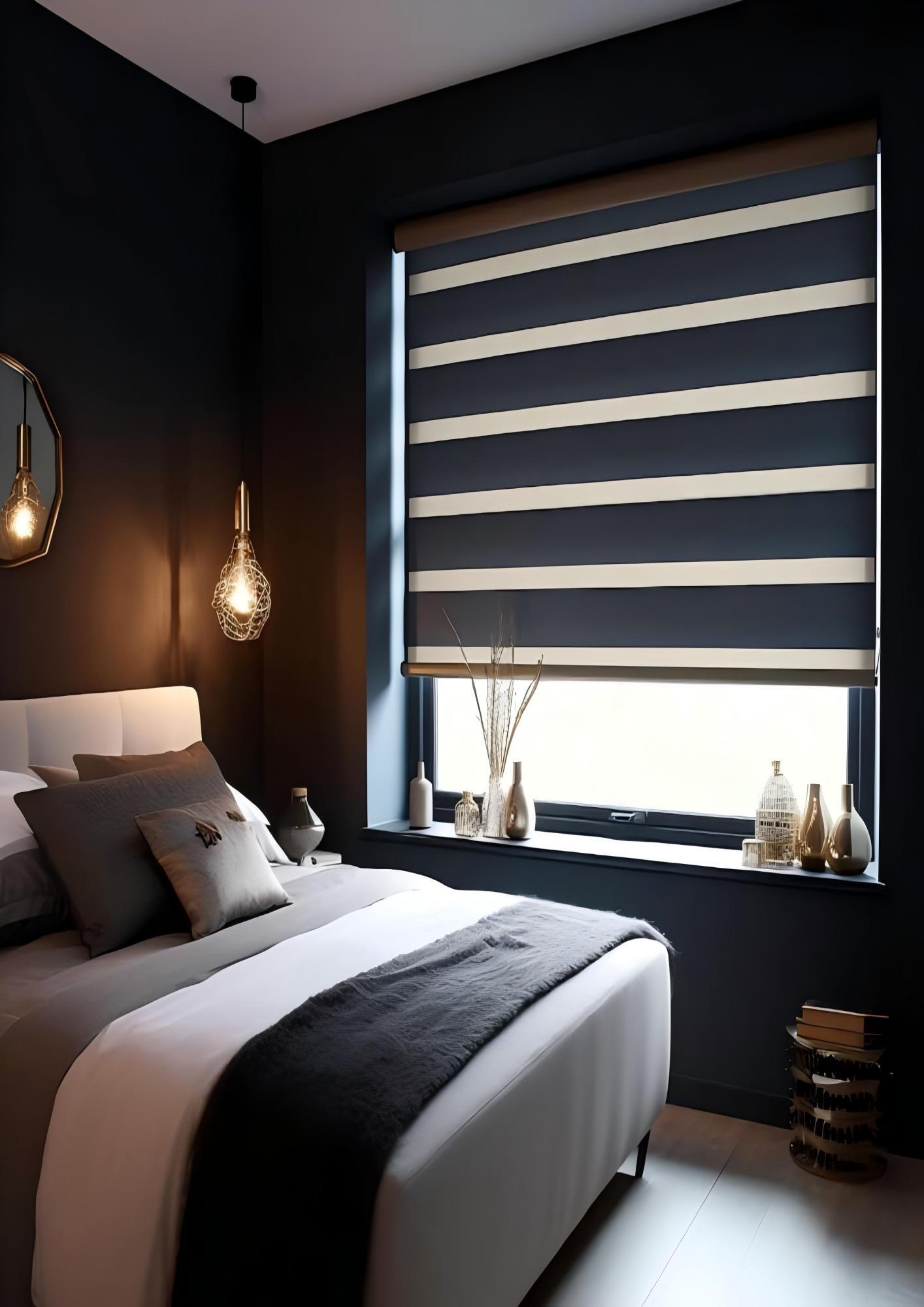 Inside-mounted room-darkening zebra blind showing normal operational clearance at the window edges