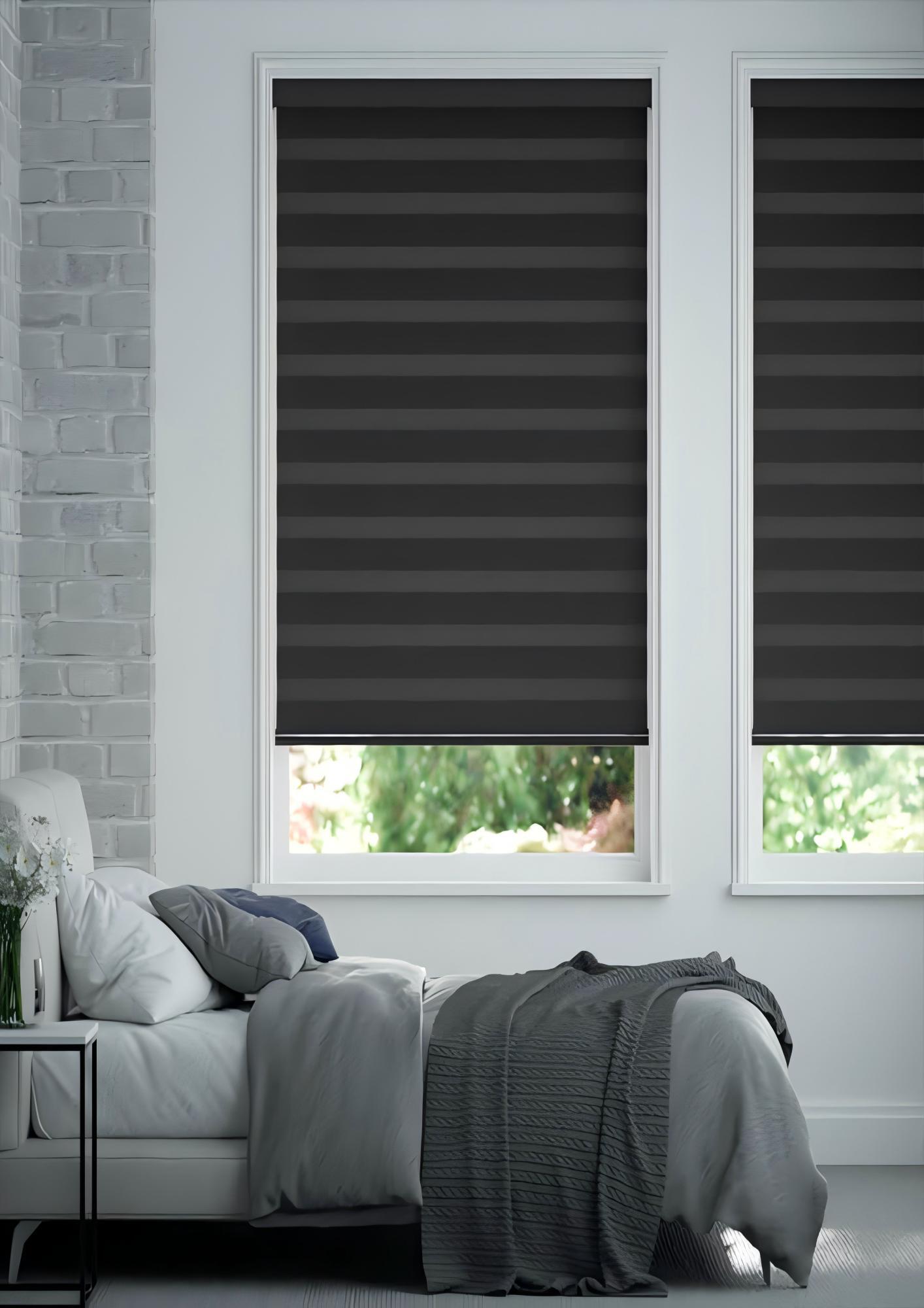 Room-darkening zebra blinds in a bright bedroom