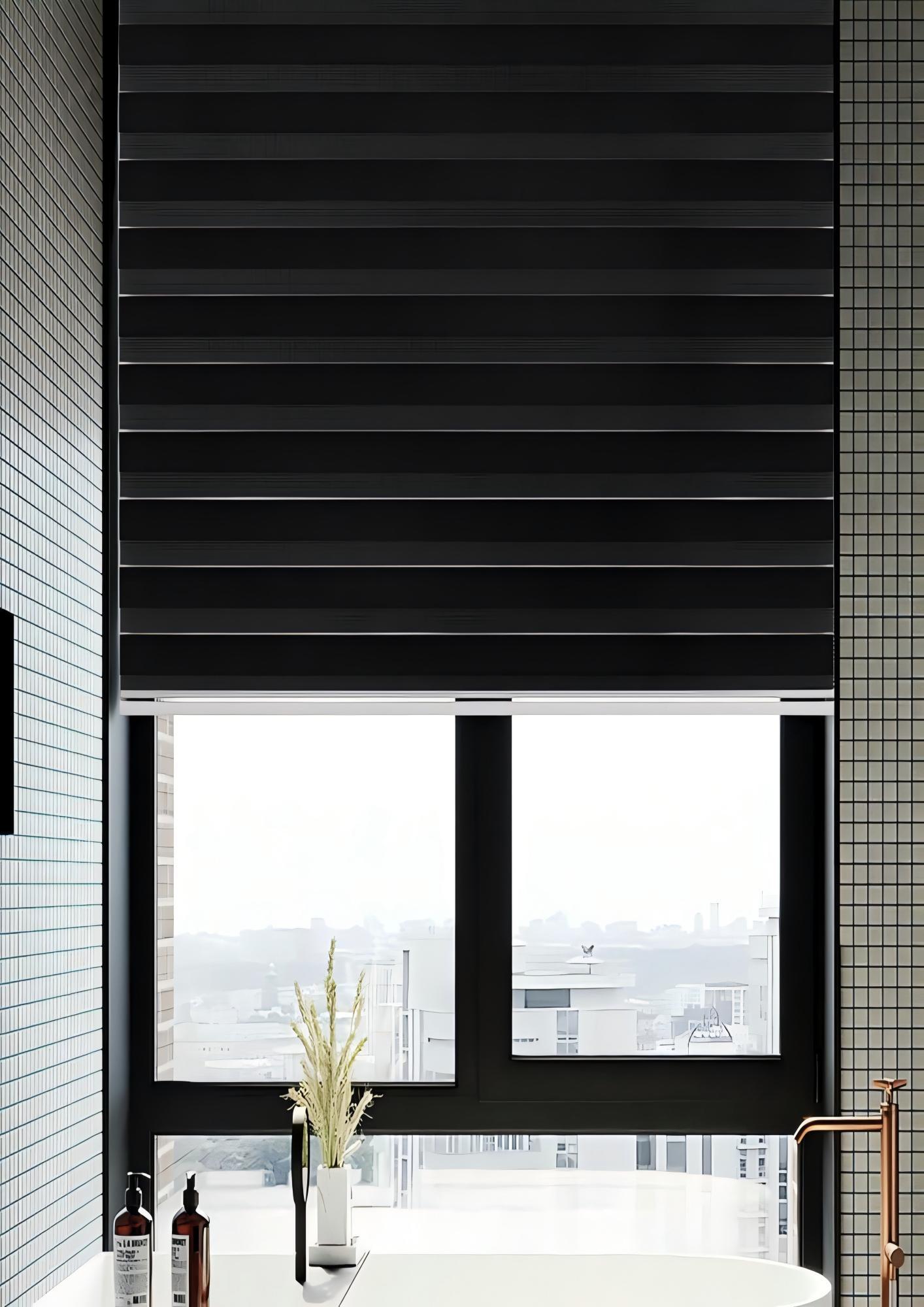 Dark room-darkening zebra blind with opaque bands overlapped