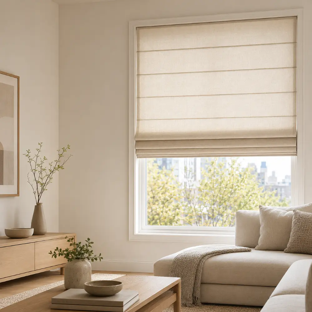 Custom Roman shade fitted neatly inside a living room window