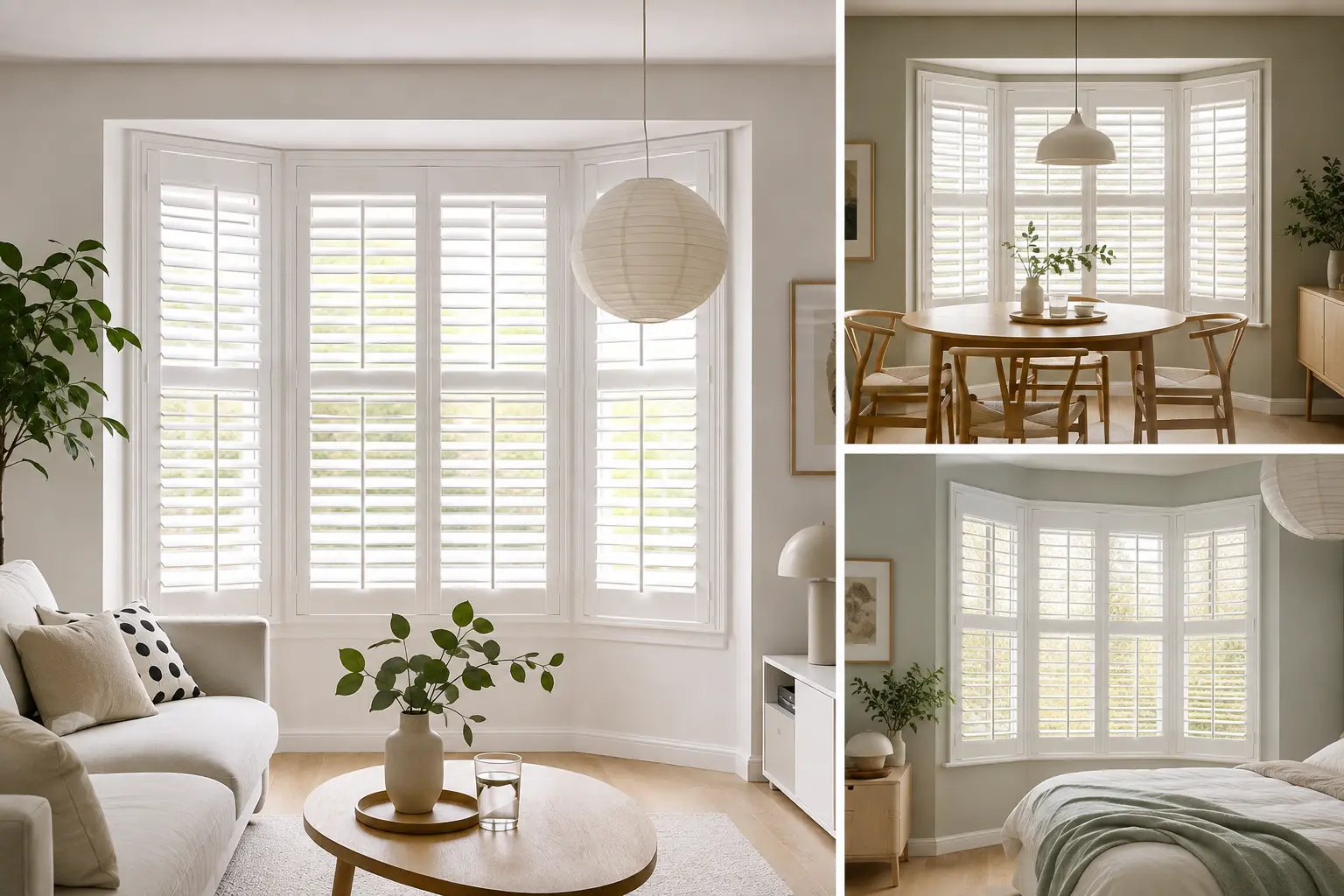 Custom vinyl shutters fitted across an angled bay window