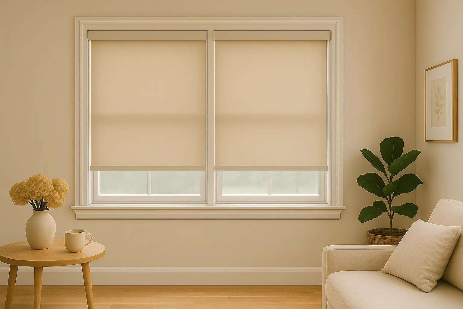 Clean roller shades partially lowered over a living room window.