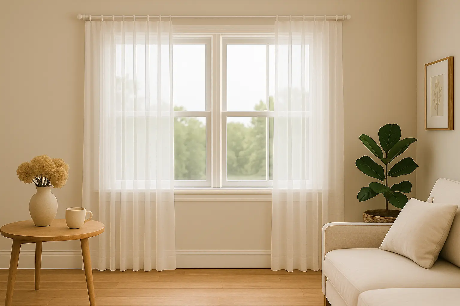 White sheer curtains softly filtering a living room window.
