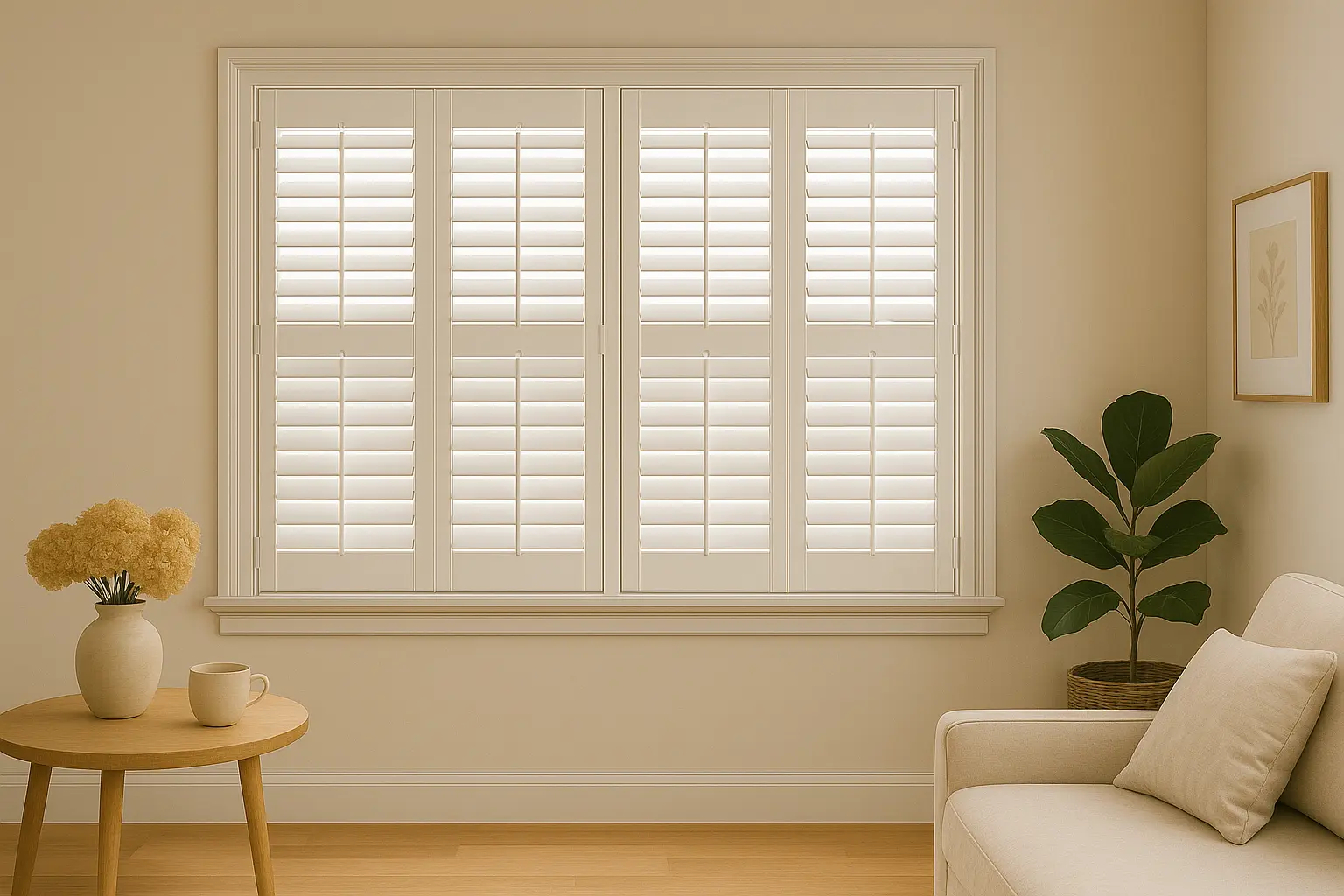 White louvered shutters fitted inside a living room window.