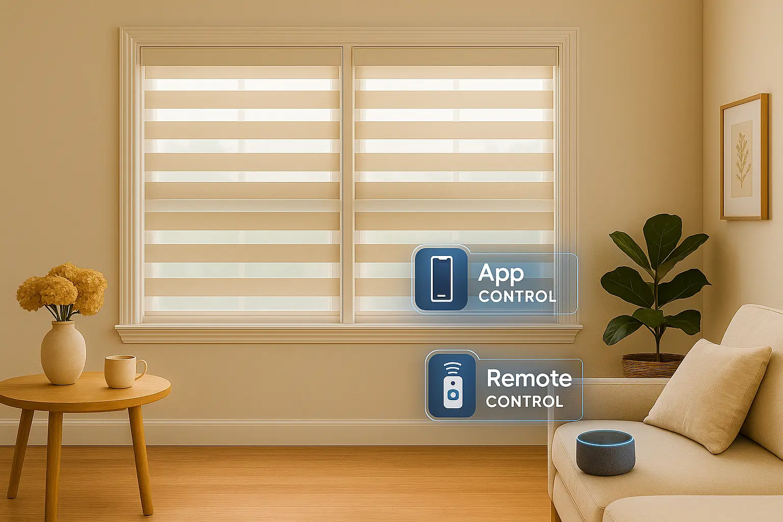 Zebra shades displayed with app and remote control options.